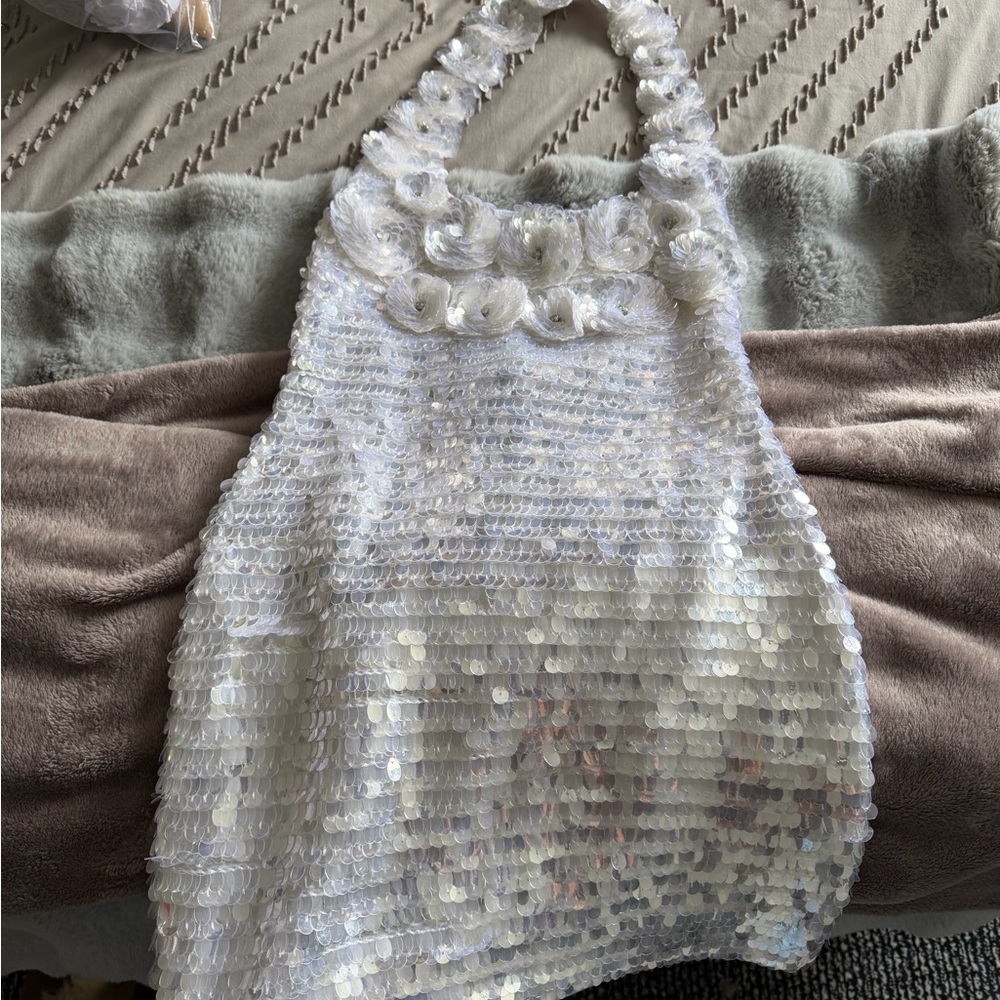 White Sequin Halter Dress